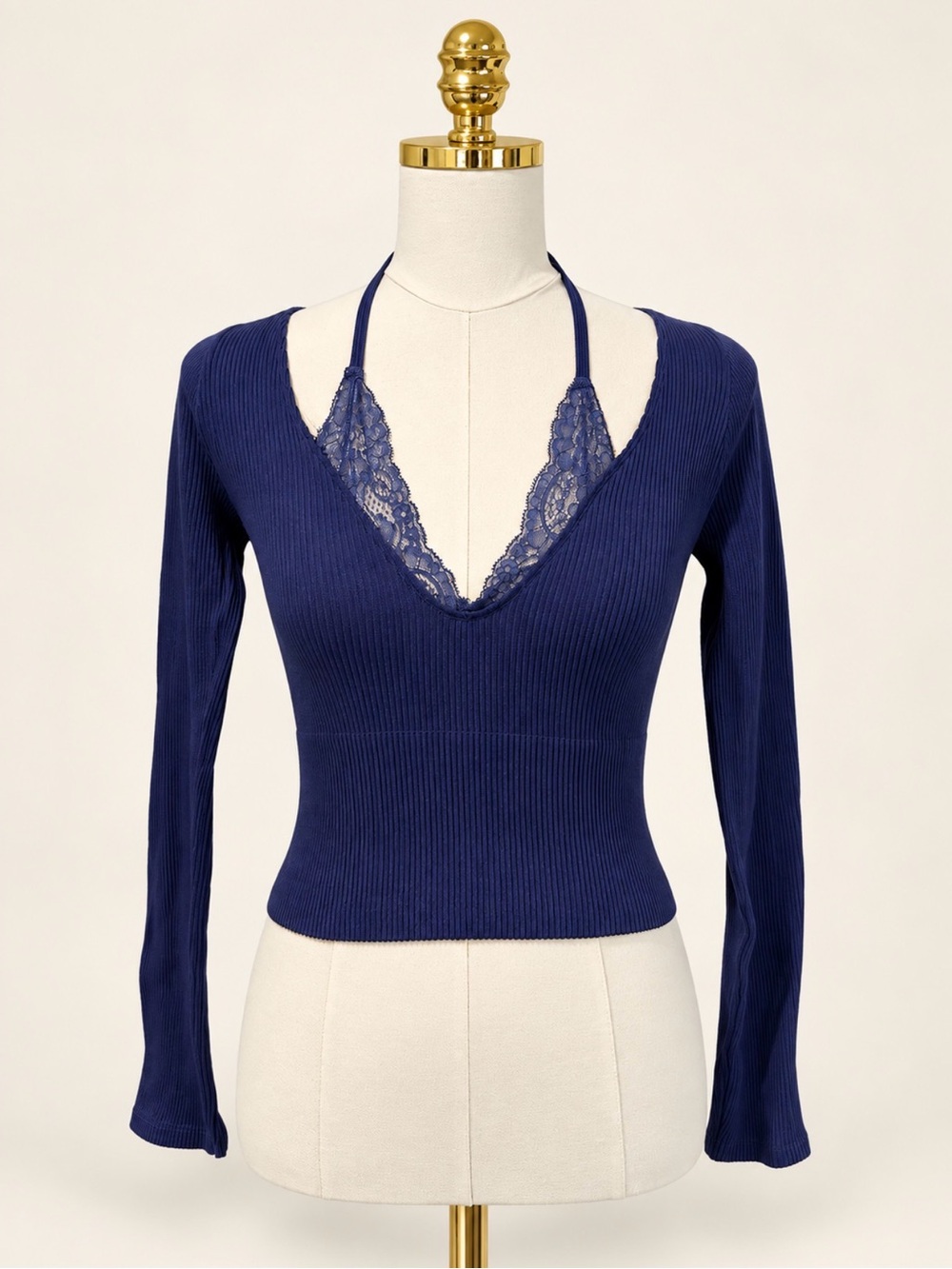 BDG Urban Outfitters Navy Lace Halter Ribbed V Neck Long Sleeve Size M
